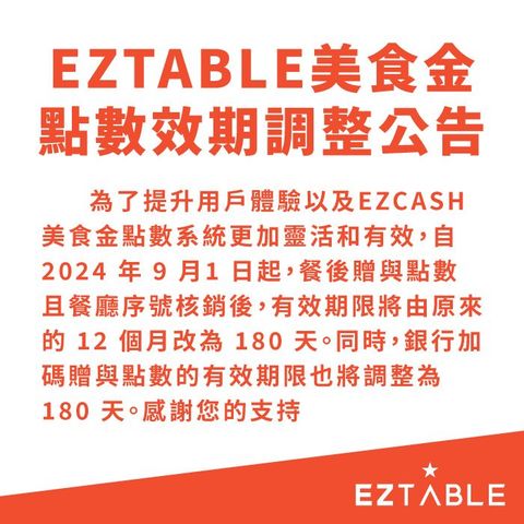 自2024/9/1起,EZTABLE美食金點數效期調整公告